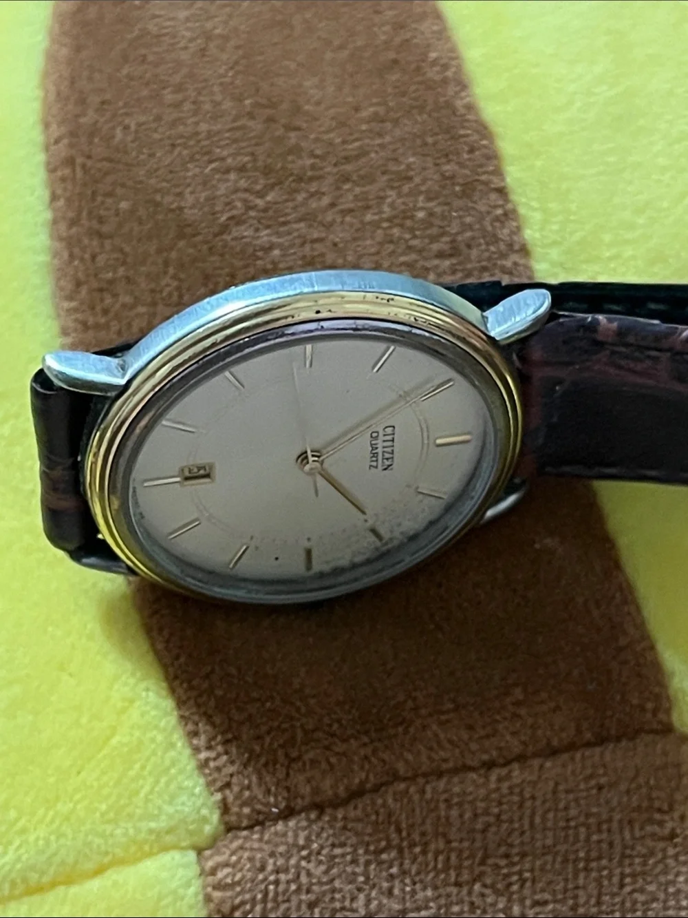 Citizen Men's Quartz Watch Cream Dial Gold-Tone Bezel Brown Leather Strap